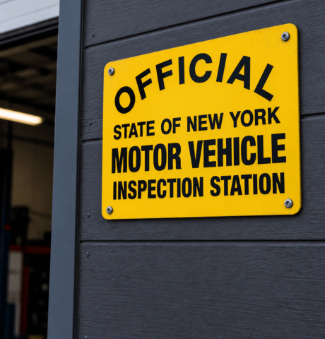 Yellow sign identifying an official New York State motor vehicle inspection station.