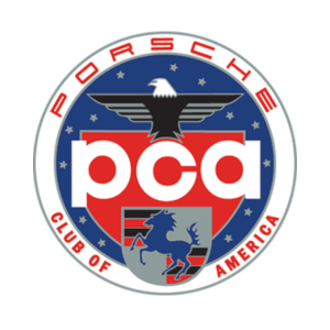 Porsche Club of America emblem with red, white, blue, and black shield logo