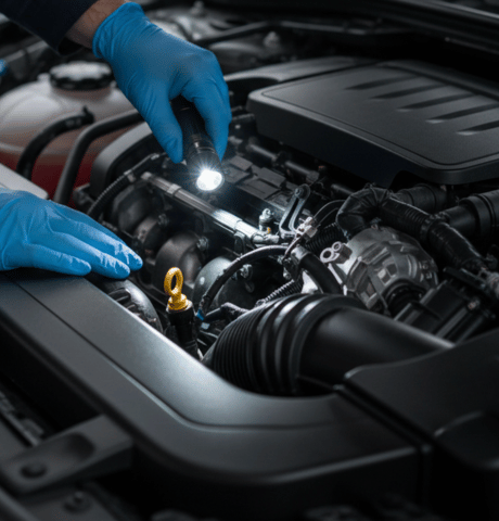 Technician using a flashlight to inspect components inside a vehicle engine bay.