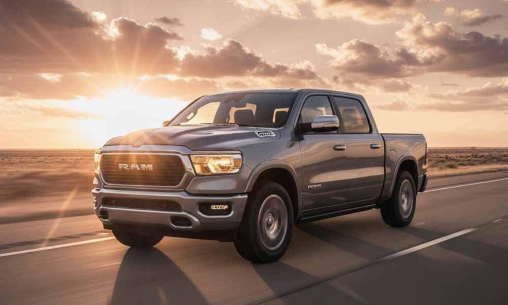 Gray RAM 1500 pickup truck driving along an open highway at sunset, with expansive terrain and dramatic clouds in the background