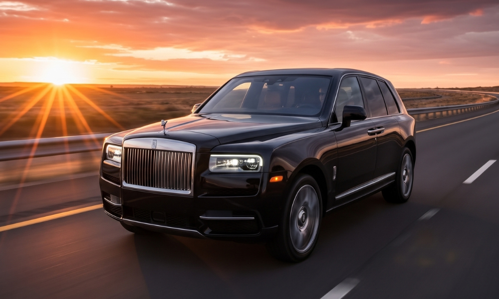 Black Rolls-Royce Cullinan luxury SUV driving on a highway at sunset, with its prominent chrome grille and Spirit of Ecstasy hood ornament visible