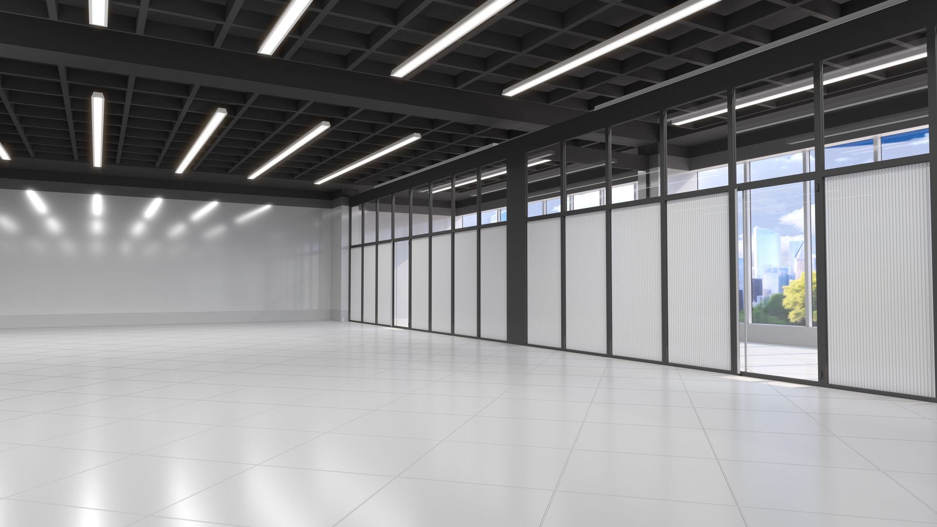 Empty, modern interior with white walls, glass panels, and a shiny floor.