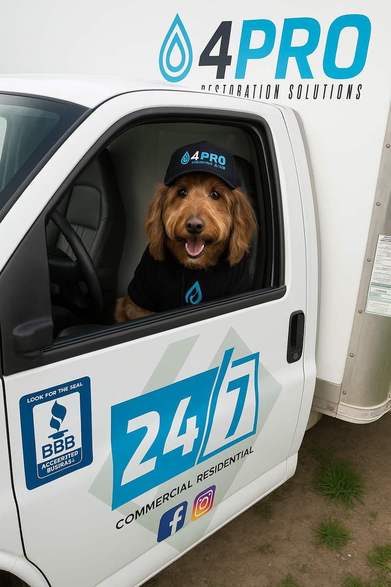 Dog wearing a 4PRO cap sits in a white 4PRO service van window.