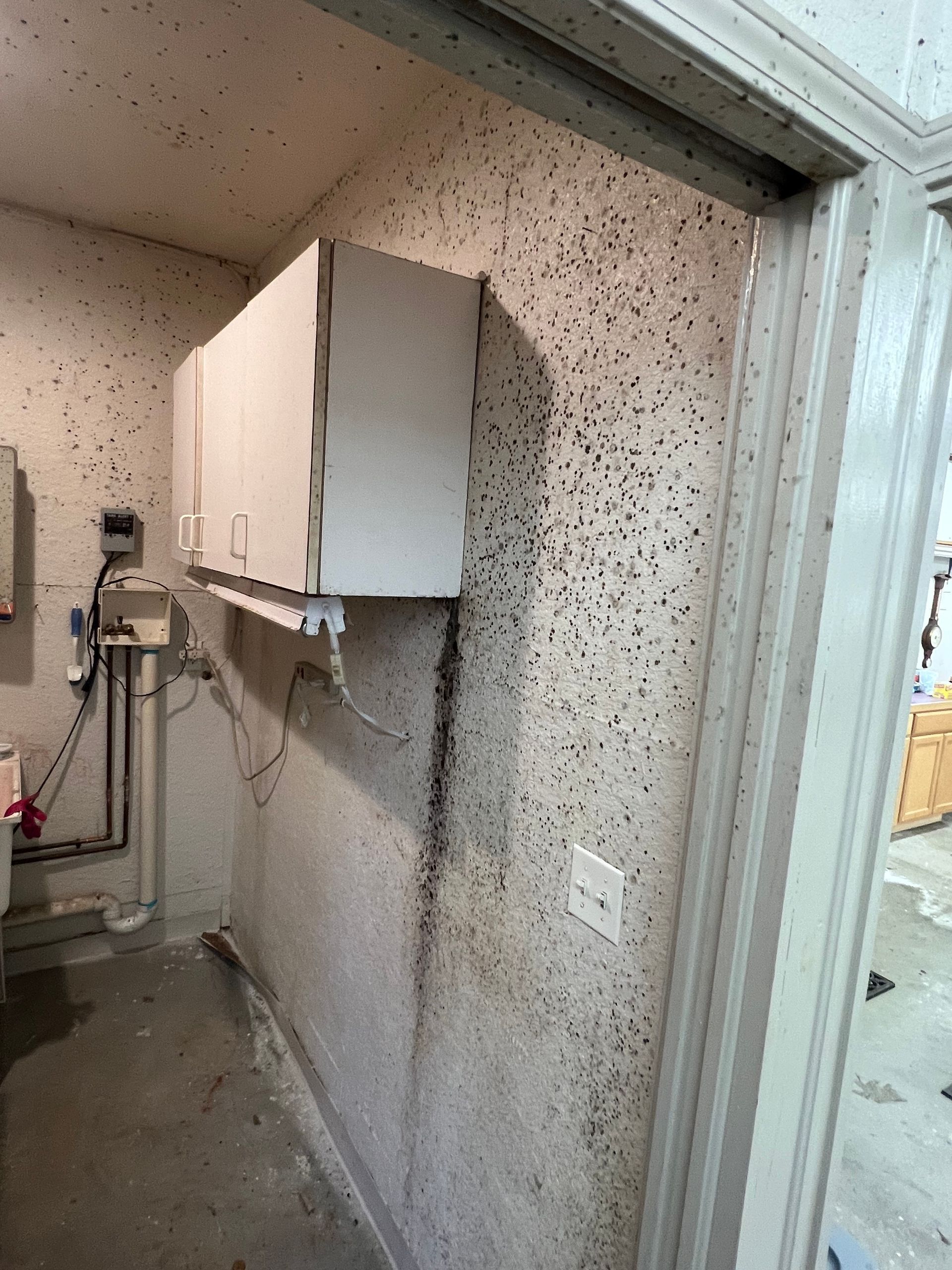 Small utility room with wall-mounted cabinet, exposed pipes, and an open doorway to a hallway.