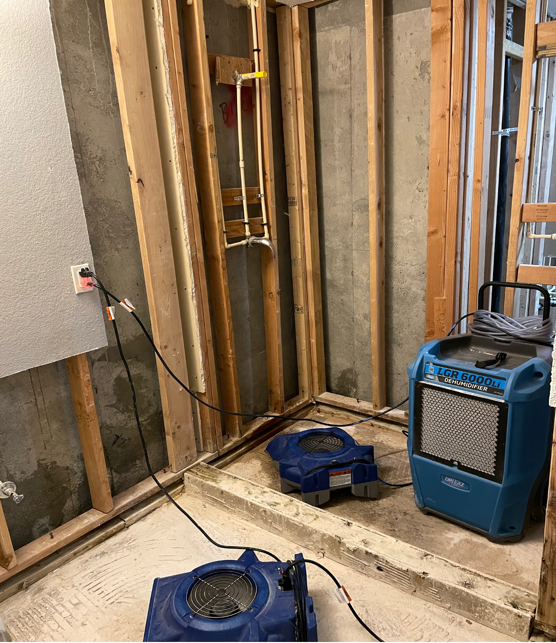 Exposed wall framing in a renovation area with two blue floor fans and a blue air purifier/dryer on the floor.