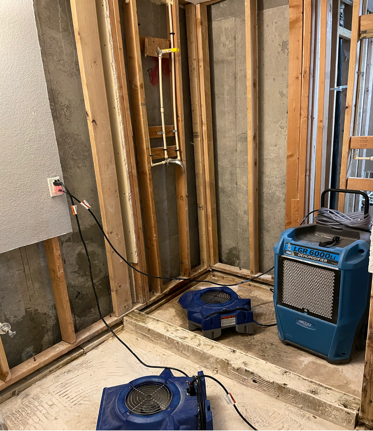 Basement with exposed studs, a blue dehumidifier, and two blue fans on the floor.