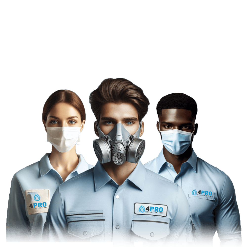 Three people in light blue uniforms wearing face masks, one with a respirator, on a white background.