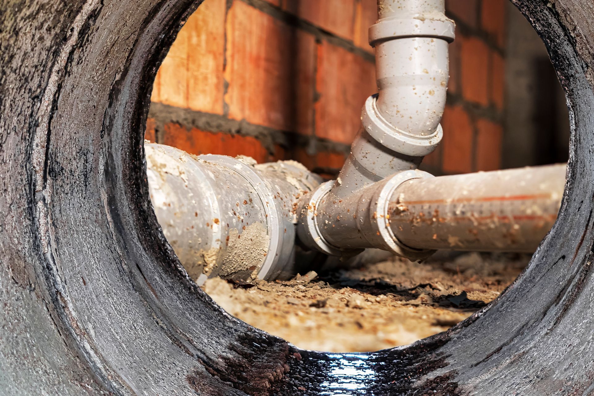 Rusted pipes inside a circular drain opening with muddy water and debris below