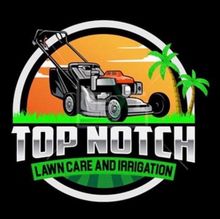 Logo for Top Notch Lawn Care and Irrigation: Lawn mower in front of a sunset, palm tree.