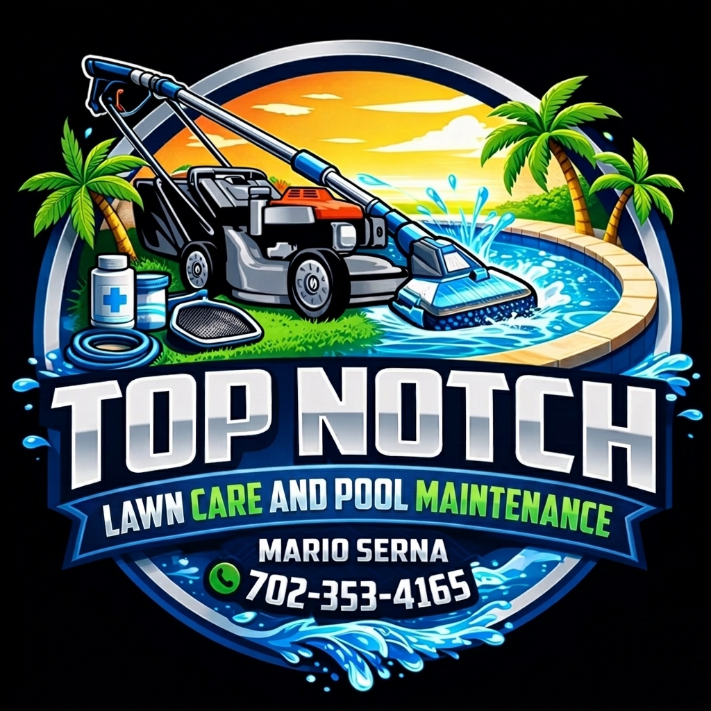 Logo for Top Notch Lawn Care and Irrigation: Lawn mower in front of a sunset, palm tree.