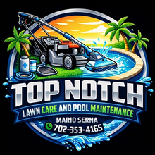 Logo for Top Notch Lawn Care and Irrigation: Lawn mower in front of a sunset, palm tree.