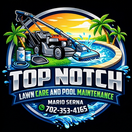 Logo for Top Notch Lawn Care and Irrigation: Lawn mower in front of a sunset, palm tree.