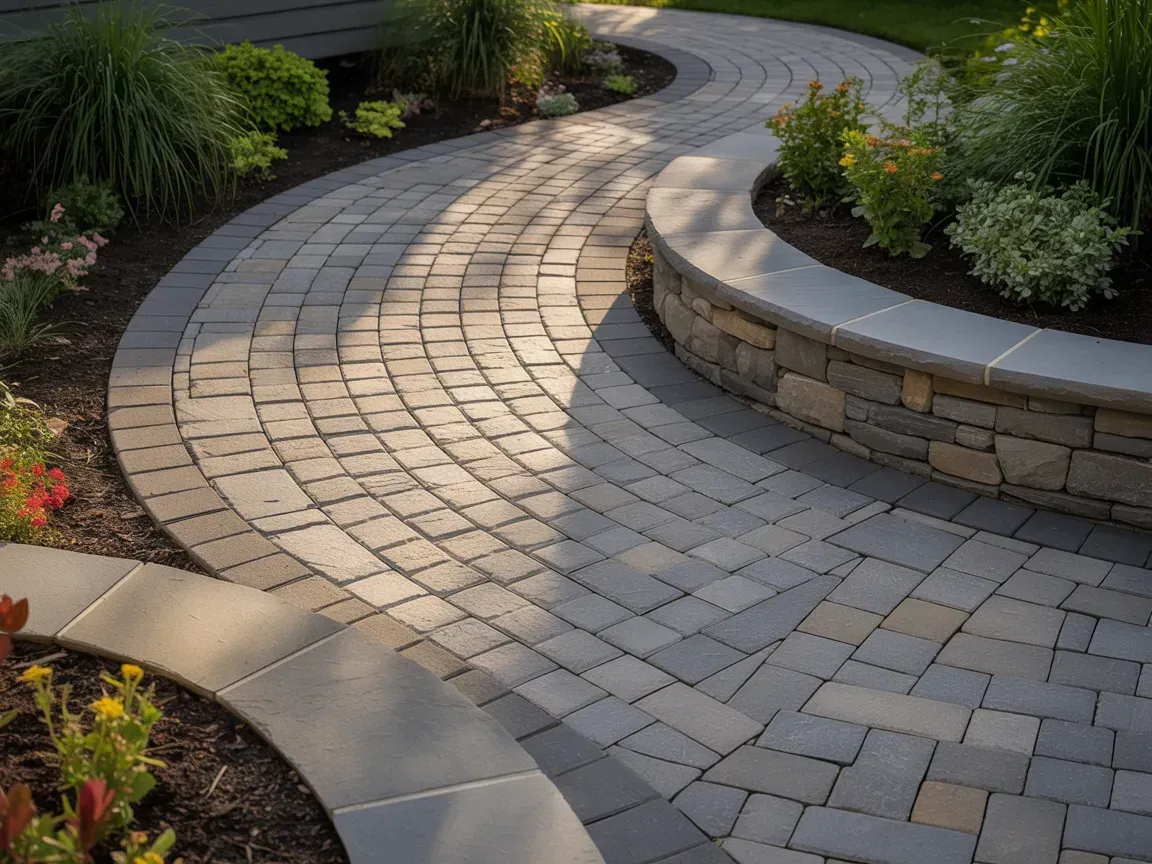 Curving brick pathway with a low stone wall and garden beds filled with plants.