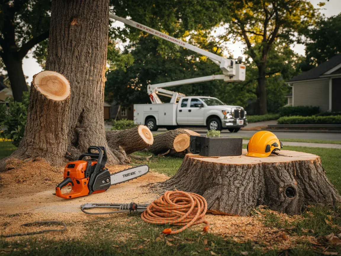 Tree removal service with a chainsaw, bucket truck, and cut tree trunk on a lawn.