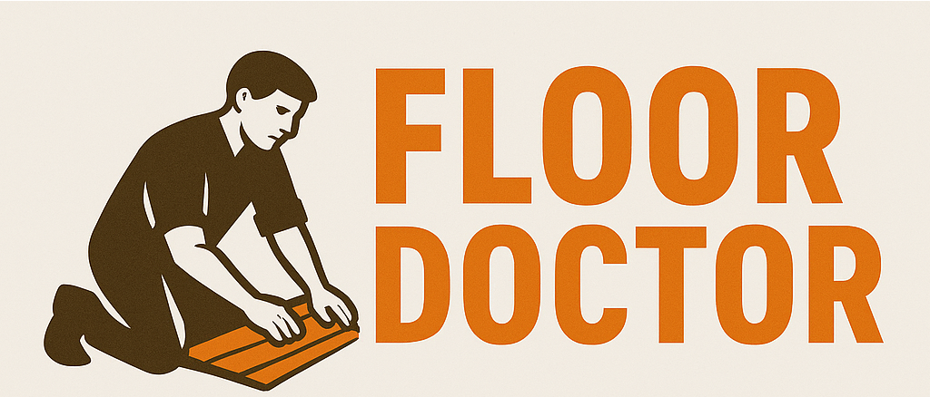 A kneeling person installing floor planks next to the orange text 
