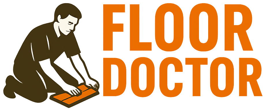 Logo featuring a person kneeling and working on a floor tile next to the orange text 