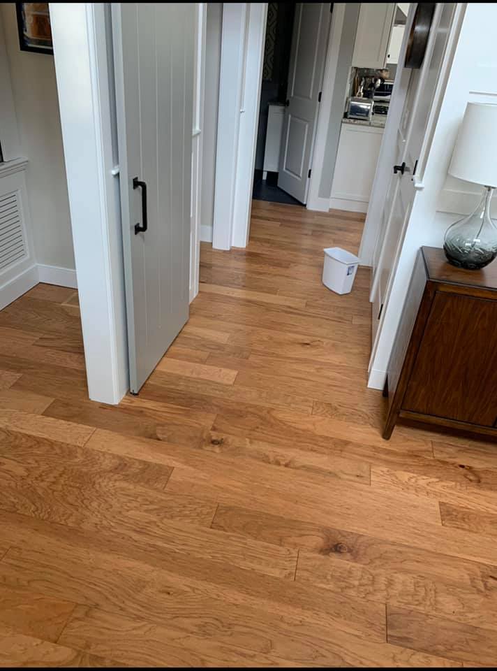 A hallway with light brown wood flooring, a white barn door, and a small white trash can sitting in the distance.
