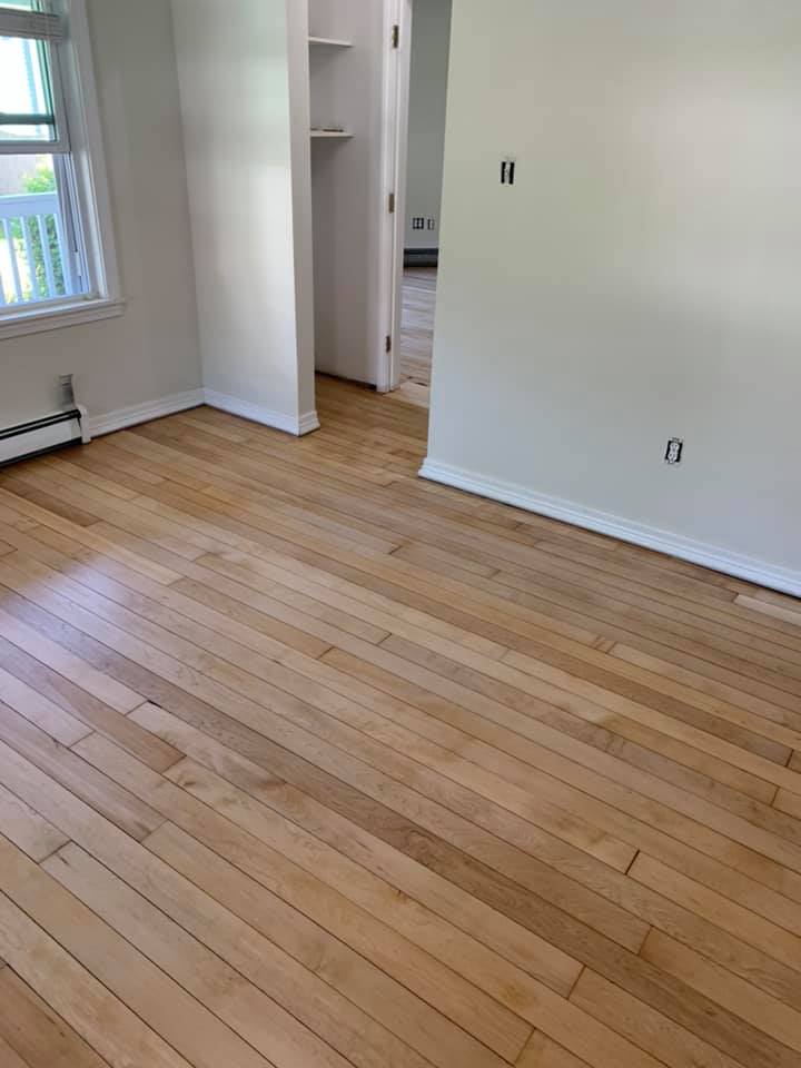 Empty room with light-colored hardwood floors, white walls, a closet doorway, and a window.