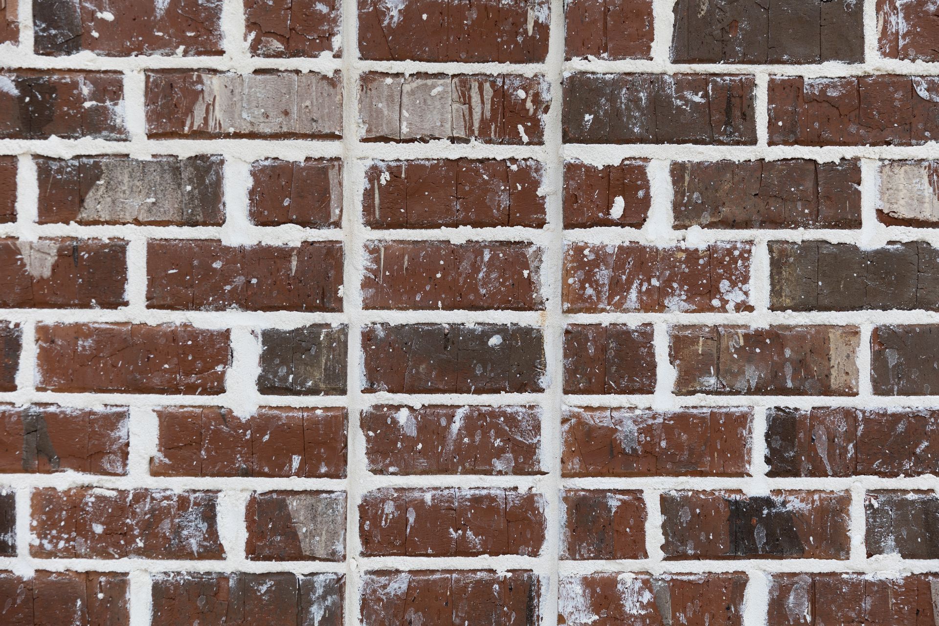 Close-up of a brick wall with red and dark brown bricks, white mortar, and vertical dividers.