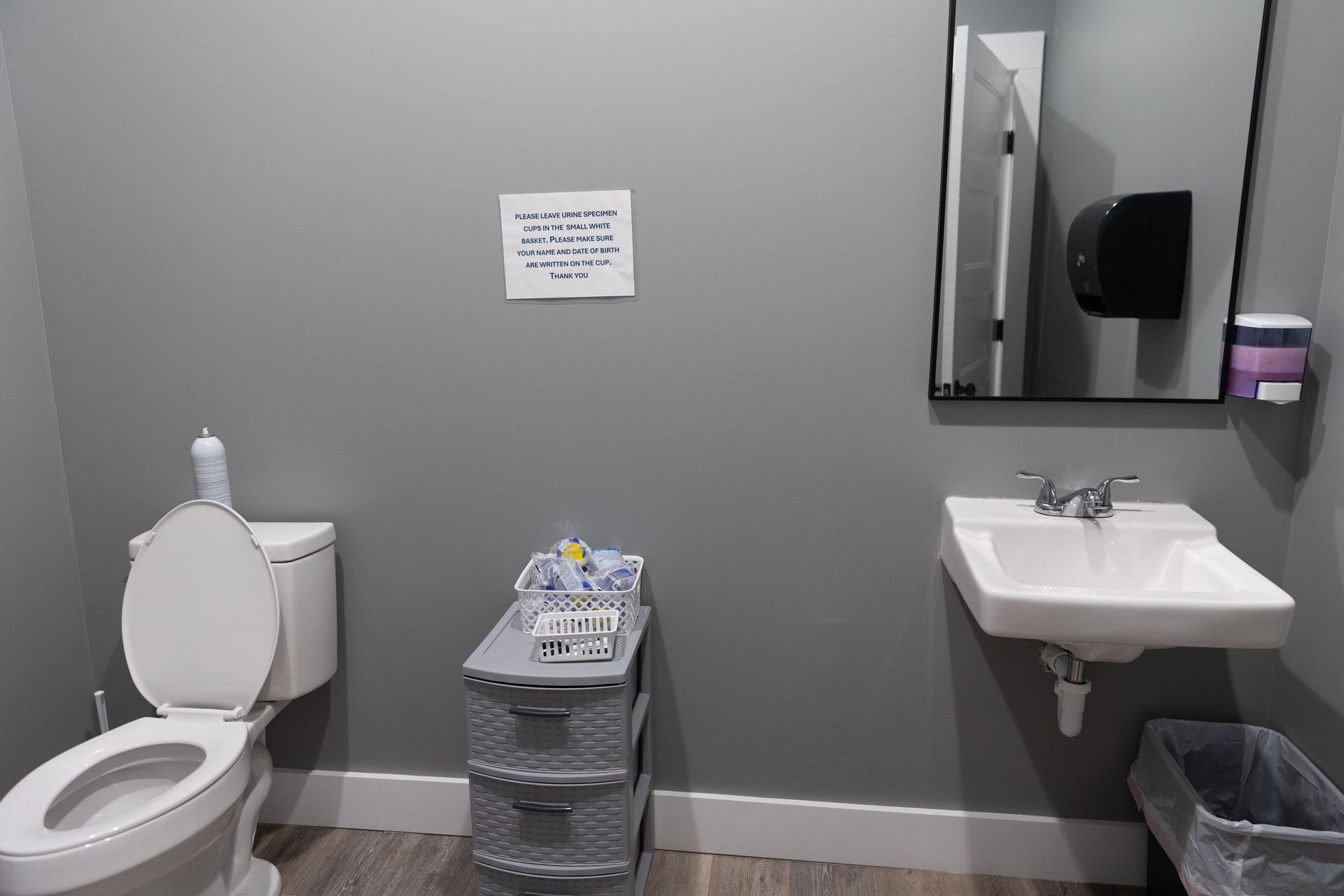 Gray bathroom with toilet, sink, mirror, and a small chest of drawers.