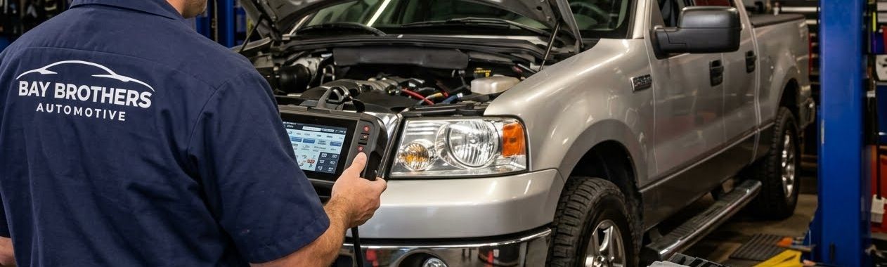 Mechanic using a tablet beside a silver pickup truck in an auto repair shop
