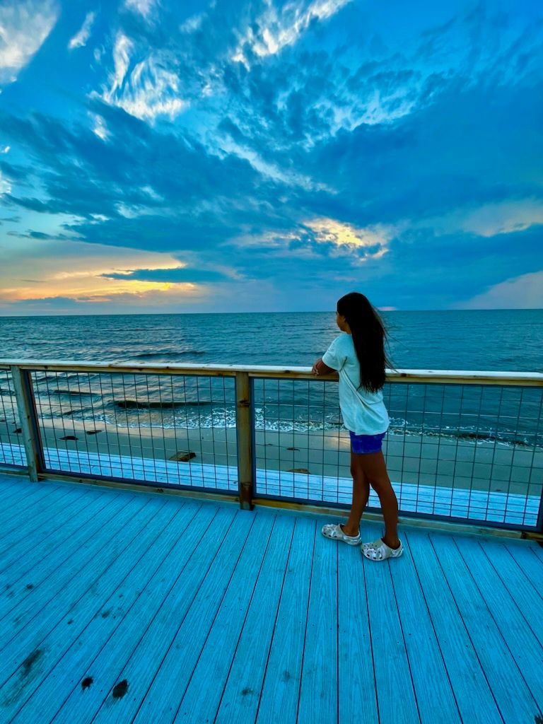 A little girl is standing on a pier looking at the ocean.