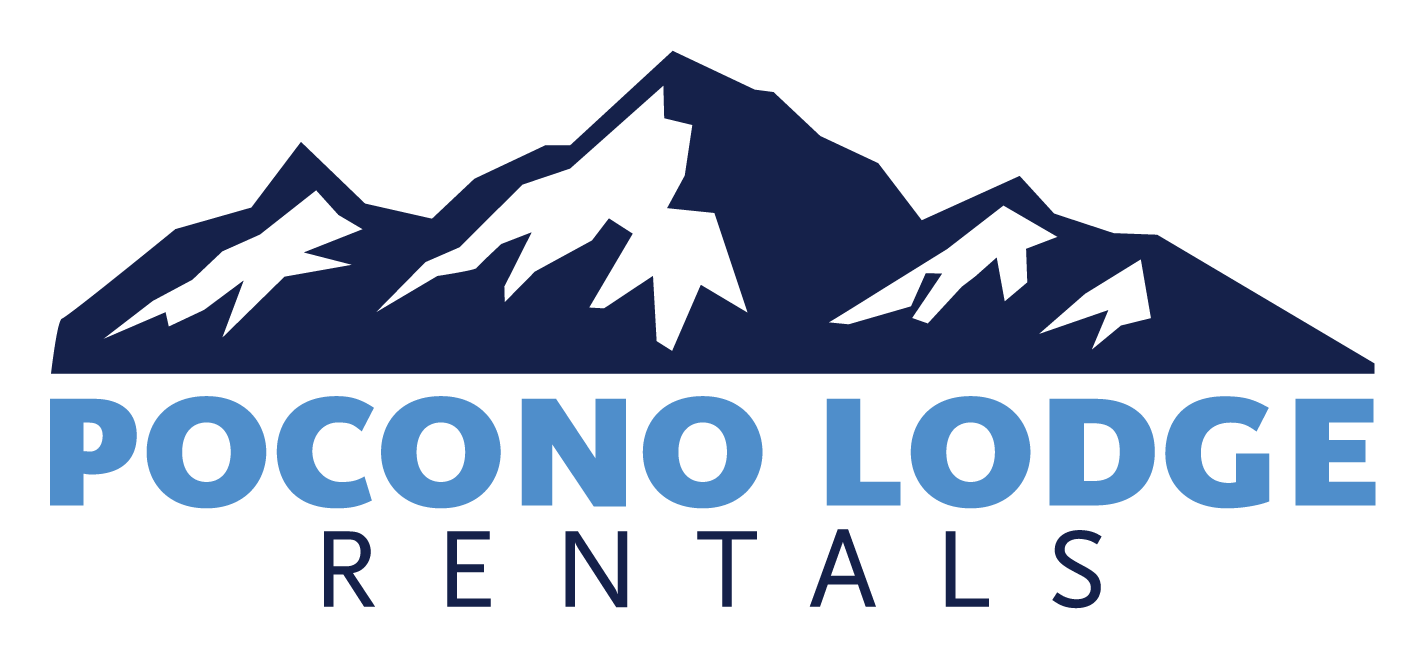 The logo for pocono lodge rentals shows a mountain with snow on it.