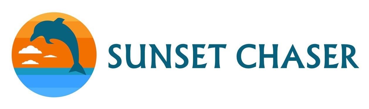 The logo for sunset chaser shows a dolphin in the ocean.