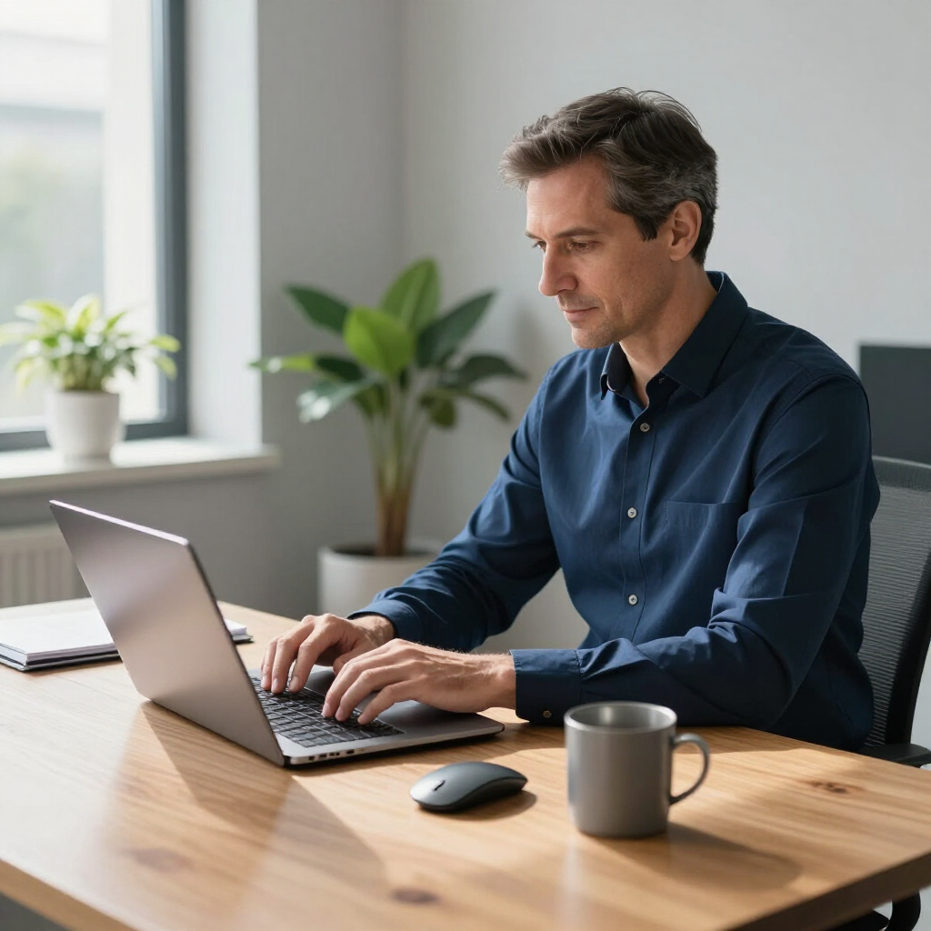 Man typing on a laptop at a wooden desk beside a mug in a bright home office