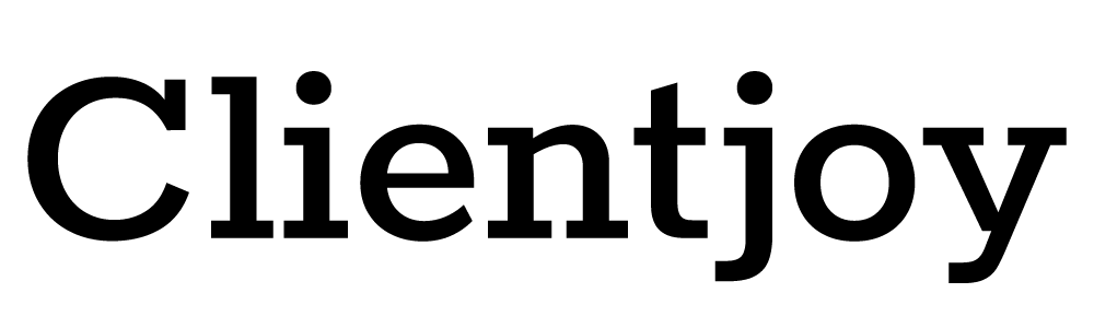 a black and white logo for clientjoy on a white background