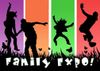 Silhouettes of people dancing on colorful panels with “Family Expo!” text below