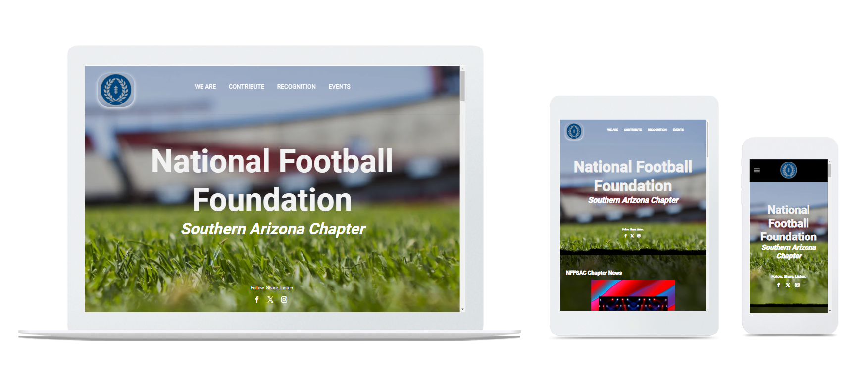 the national football foundation website is displayed on a laptop , tablet , and cell phone .