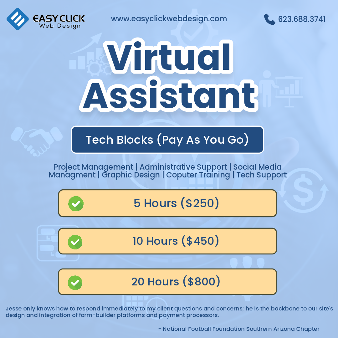 A flyer for a virtual assistant that says tech blocks pay as you go