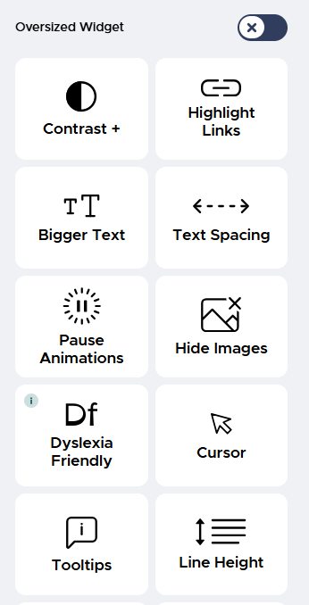 Accessibility widget menu with tiles for contrast, links, text size, spacing, pause animations, and images settings