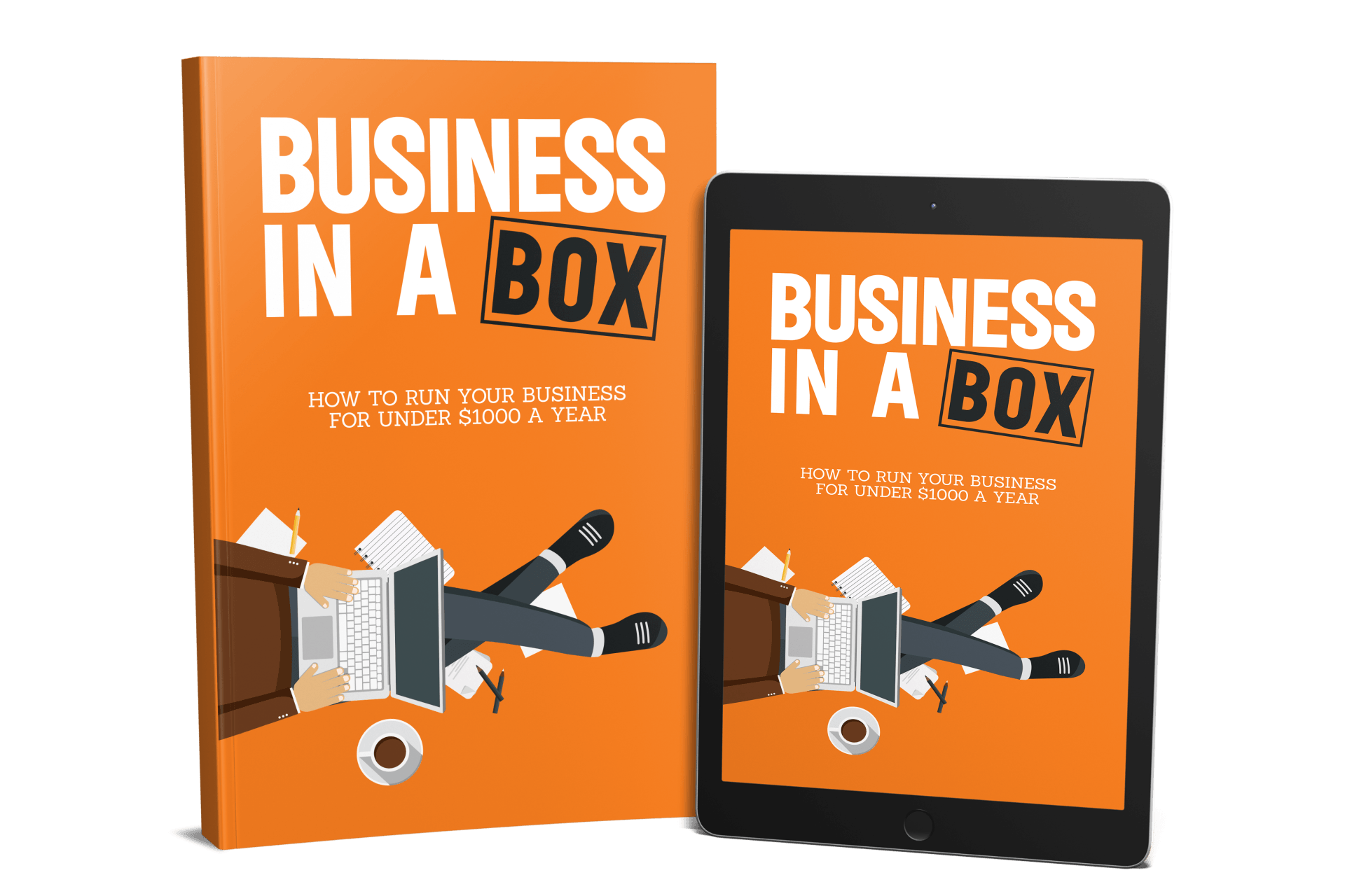 A book titled business in a box is sitting next to a tablet.