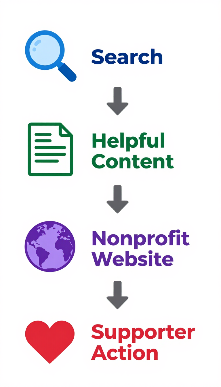 Search icon to helpful content, nonprofit website, and supporter action with arrows; blue, green, purple, red icons