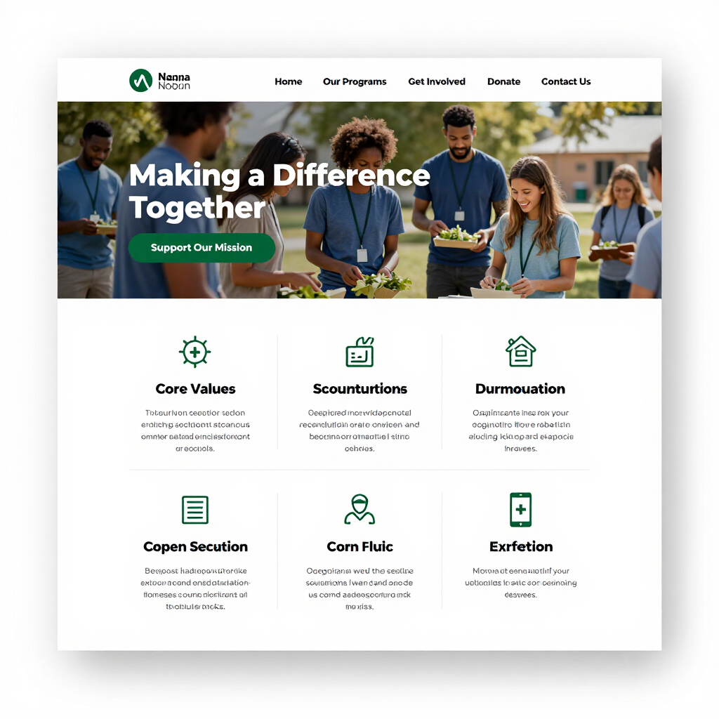 Nonprofit website homepage with volunteers and “Making a Difference Together” hero banner, values icons below