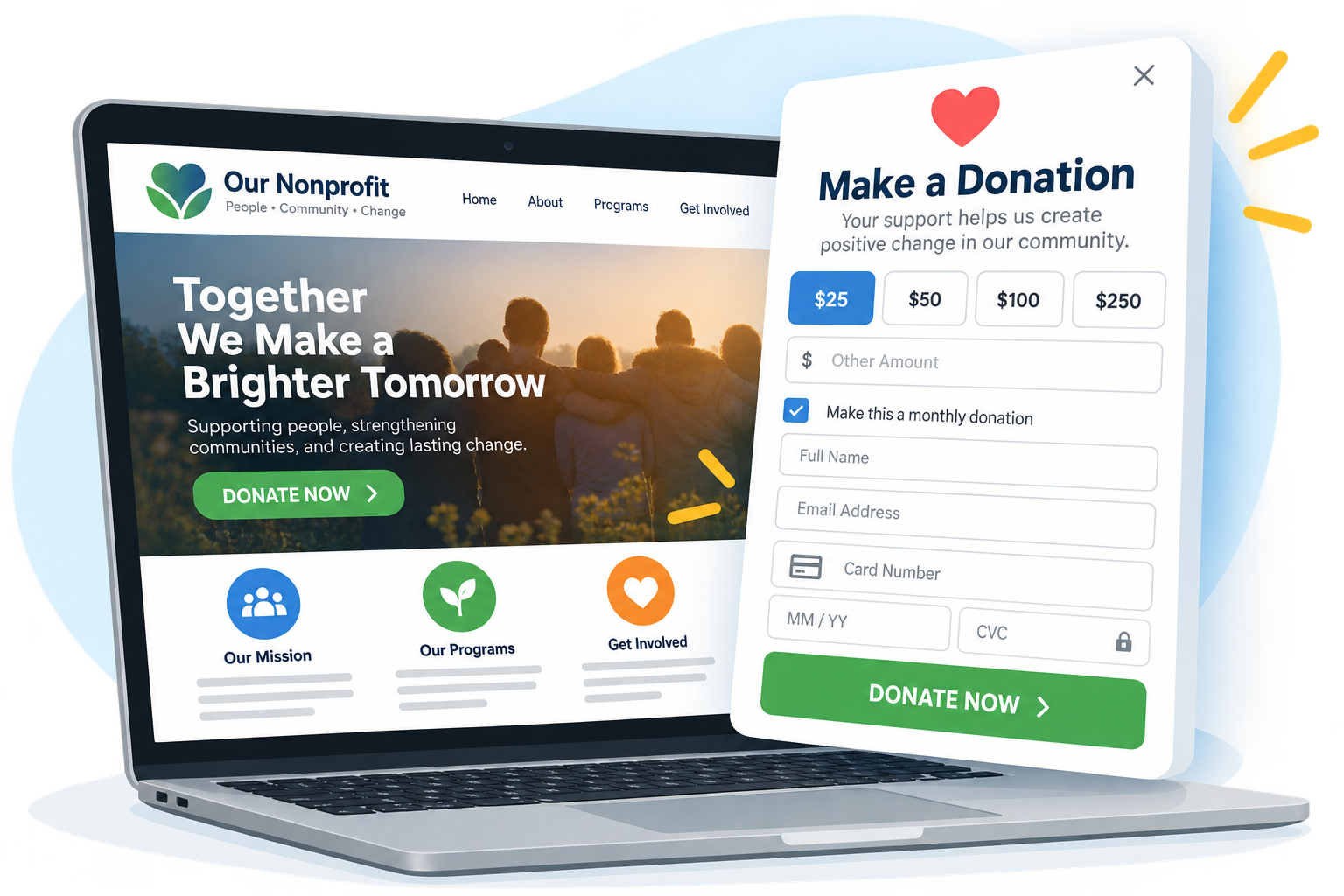 Website mockup on a laptop with a donation form and “Together We Make a Brighter Tomorrow” banner