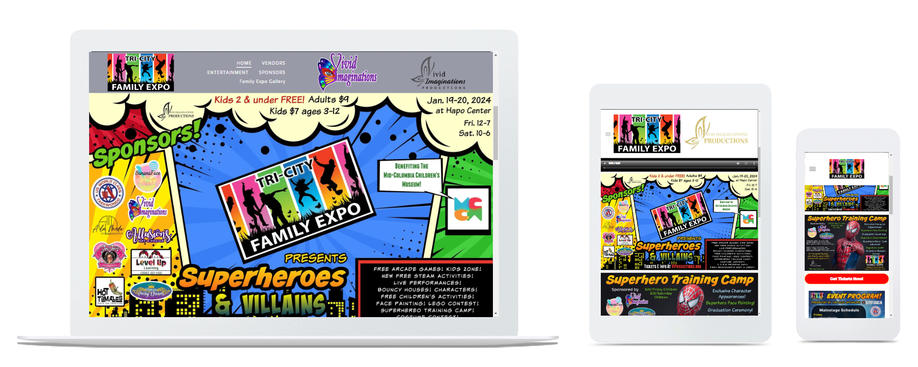 a laptop a tablet and a cell phone all showing a comic book website