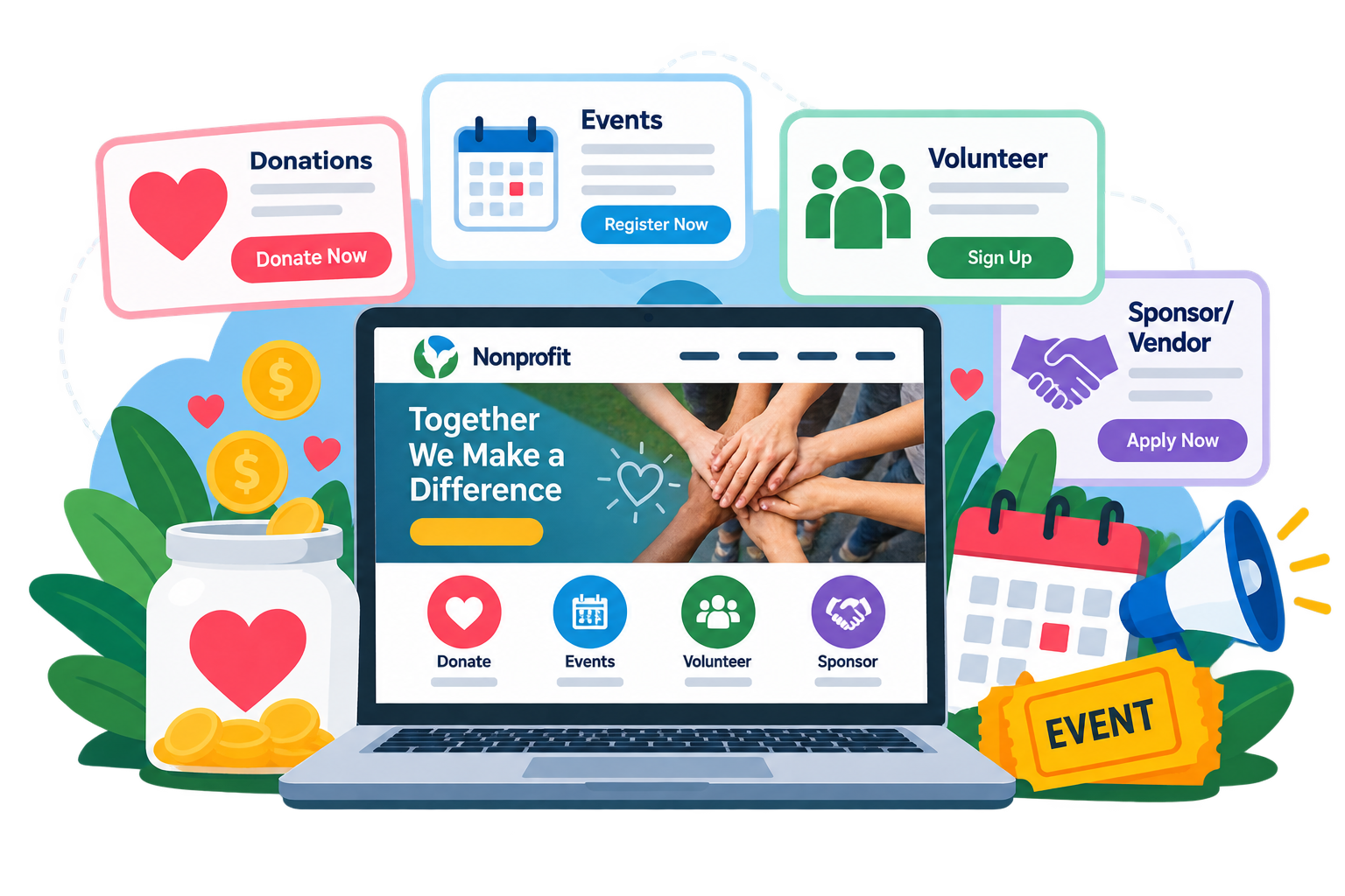 Nonprofit website mockup with donation, events, volunteer and sponsorship sections around a laptop