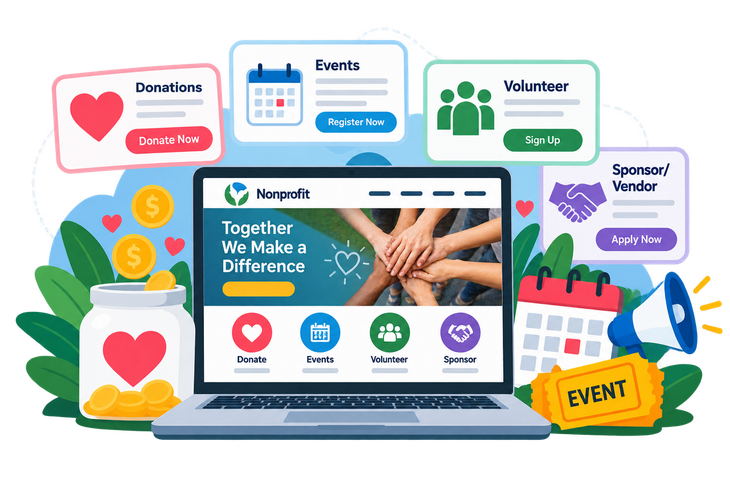 Nonprofit website mockup with donation, events, volunteer and sponsorship sections around a laptop