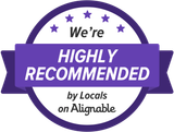 A purple badge that says `` we 're highly recommended by locals on alignable ''
