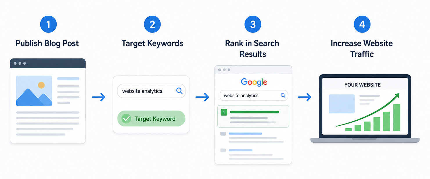 4-step SEO workflow: publish blog post, target keywords, rank in search results, increase website traffic