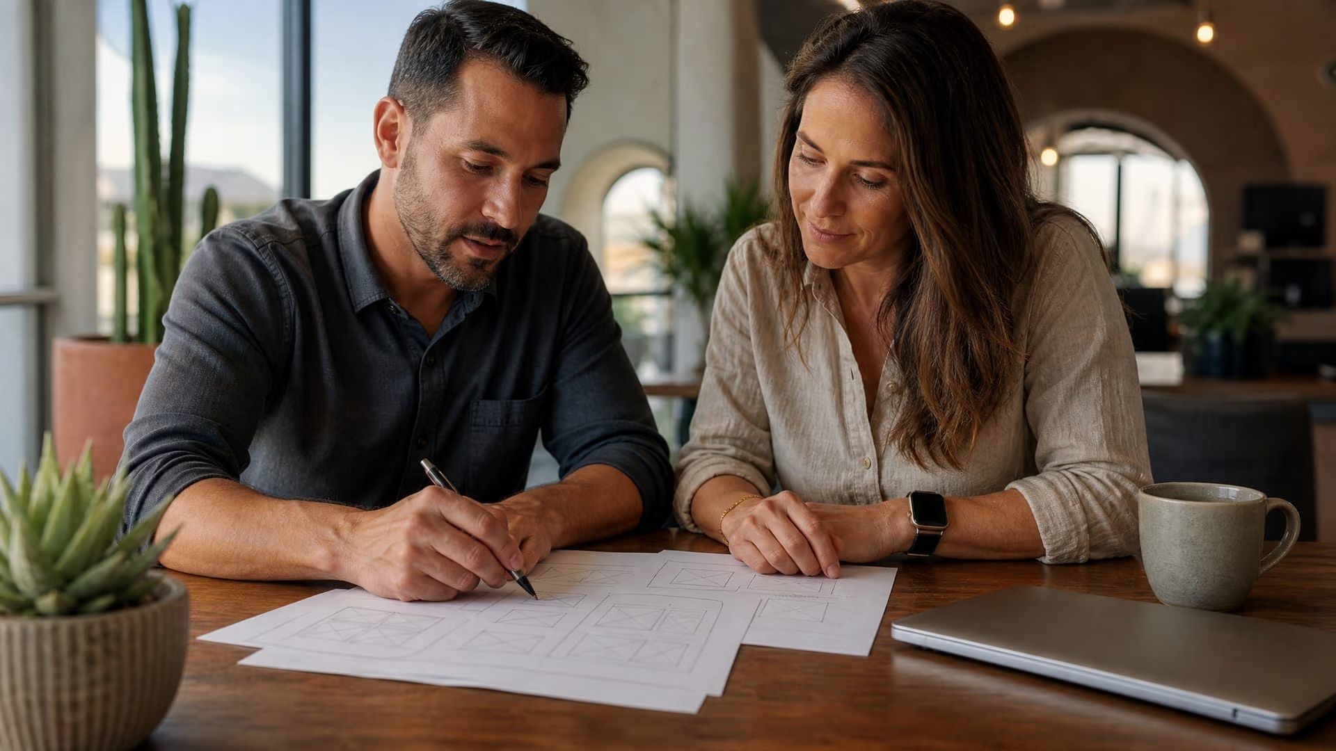 Two people review documents at a wooden table in a bright office, one writing while the other points.
