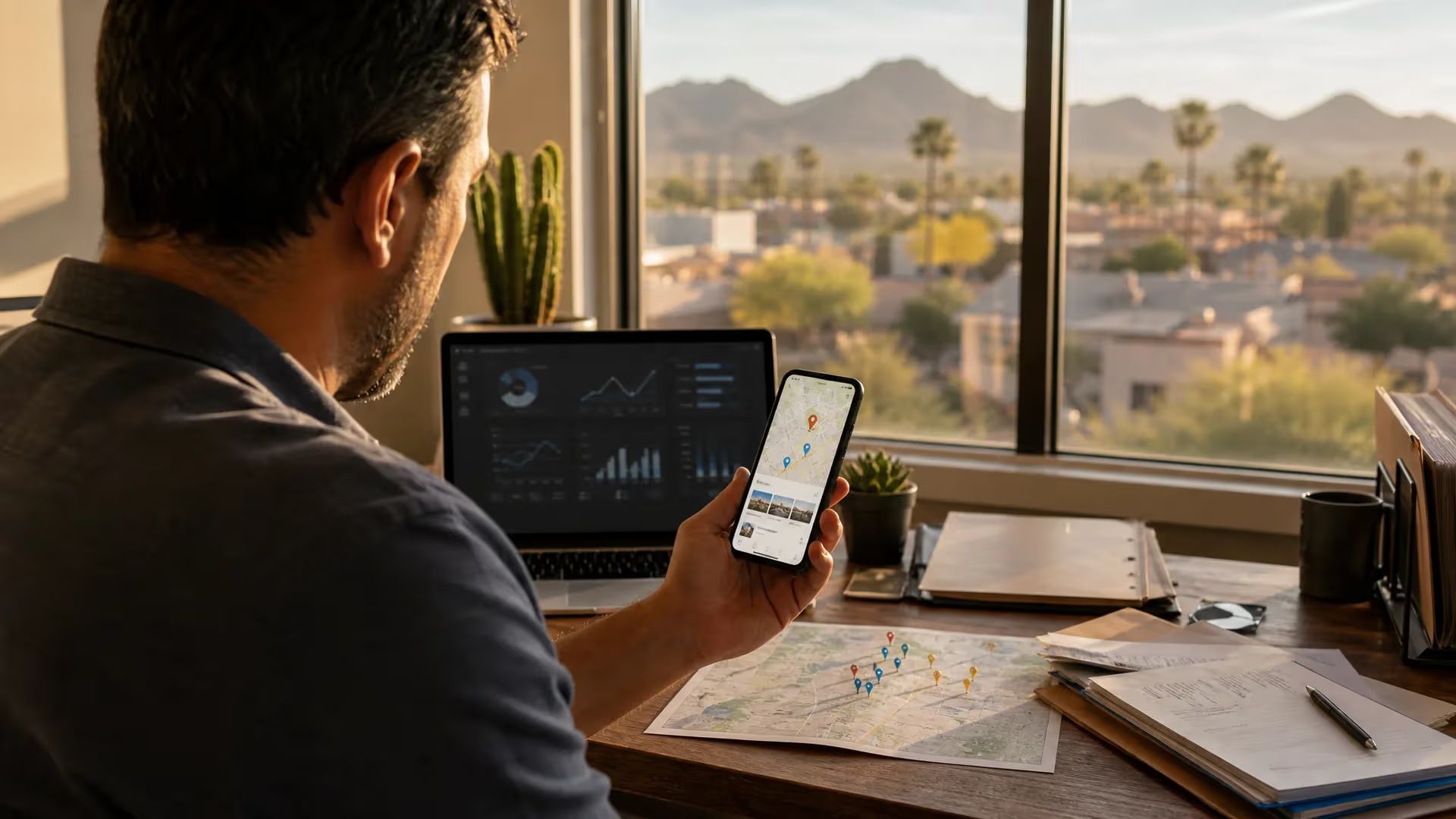 Person at a desk using a smartphone and laptop, with papers and a window view of mountains behind.