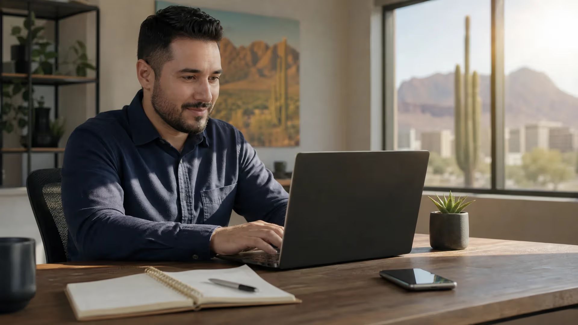 Man typing on a laptop at a desk in a bright office, with a notebook, phone, and window view behind him