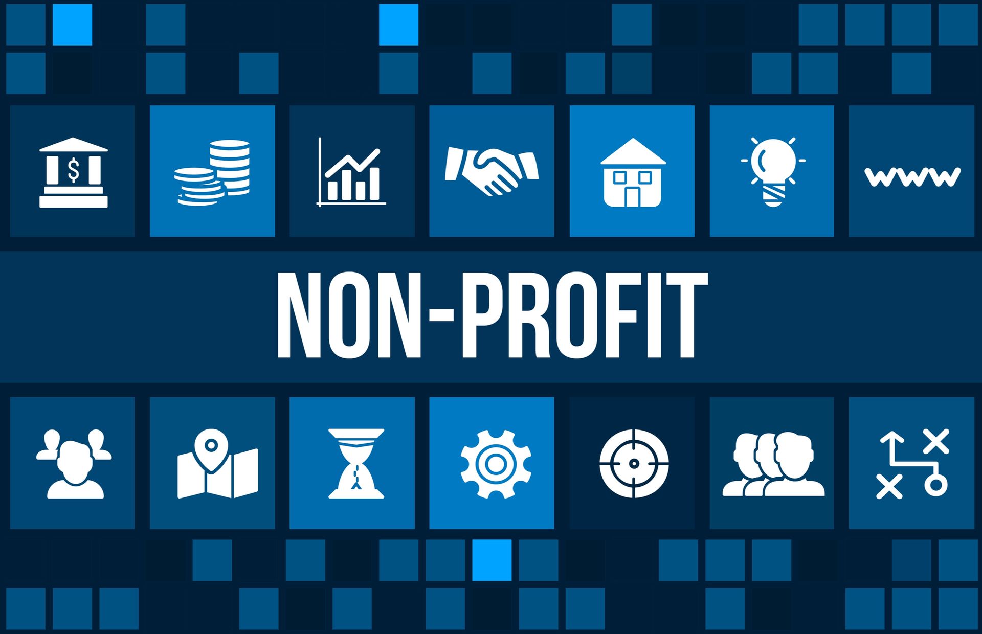 Blue nonprofit banner with icons and the words “NON-PROFIT” in the center