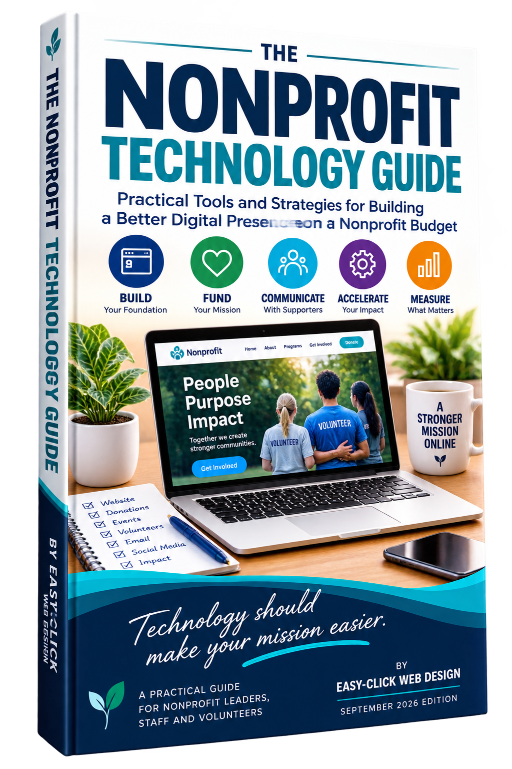 Book cover for “The Nonprofit Technology Guide” with laptop, phone, and digital icons on a teal-and-white design