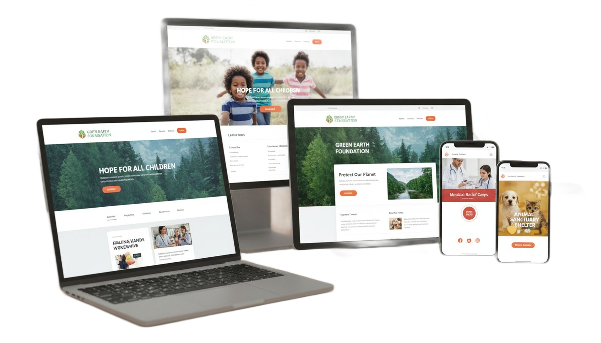 Responsive website shown on laptop, desktop, tablet, and phones with nature-themed pages