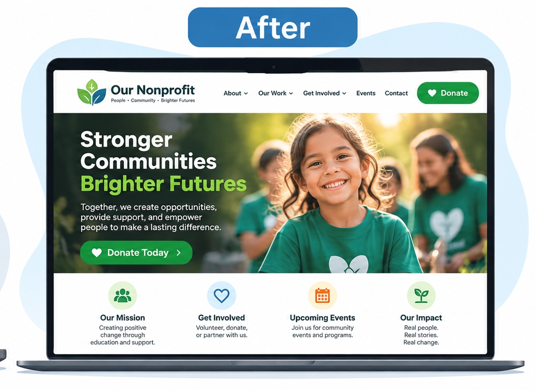 Nonprofit website homepage on a laptop with green hero banner and smiling volunteers.